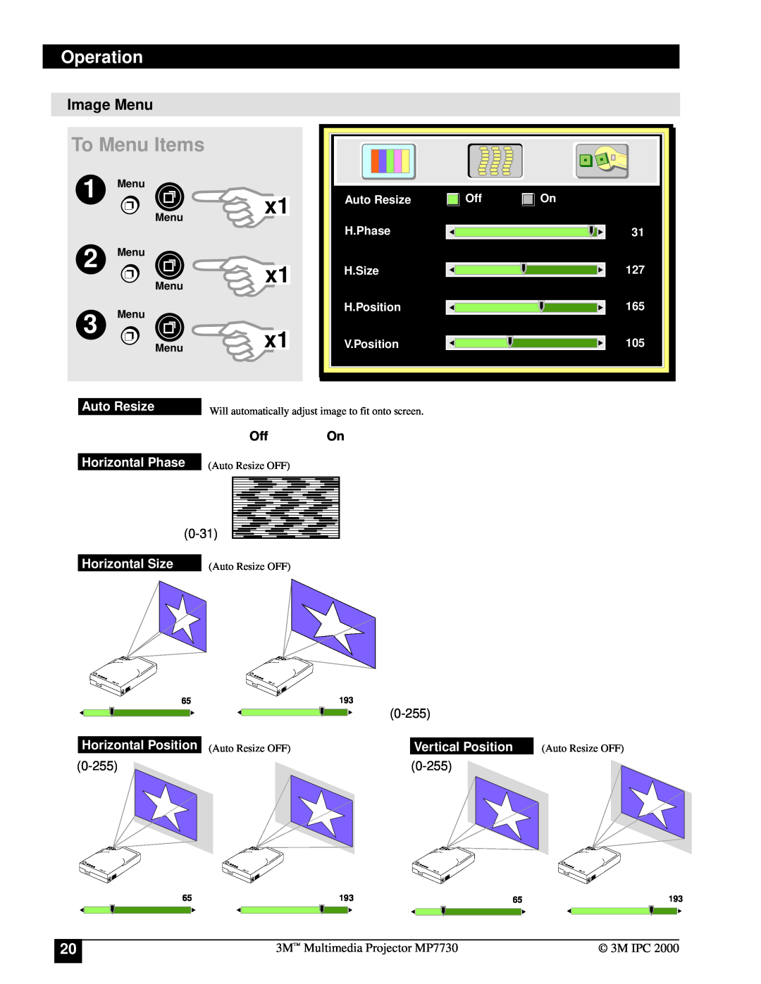 Apple MP7730 Image Menu, x1 x1 x1, To Menu Items, Operation, Auto Resize, OffOn, Horizontal Phase, Horizontal Size, 0-255 