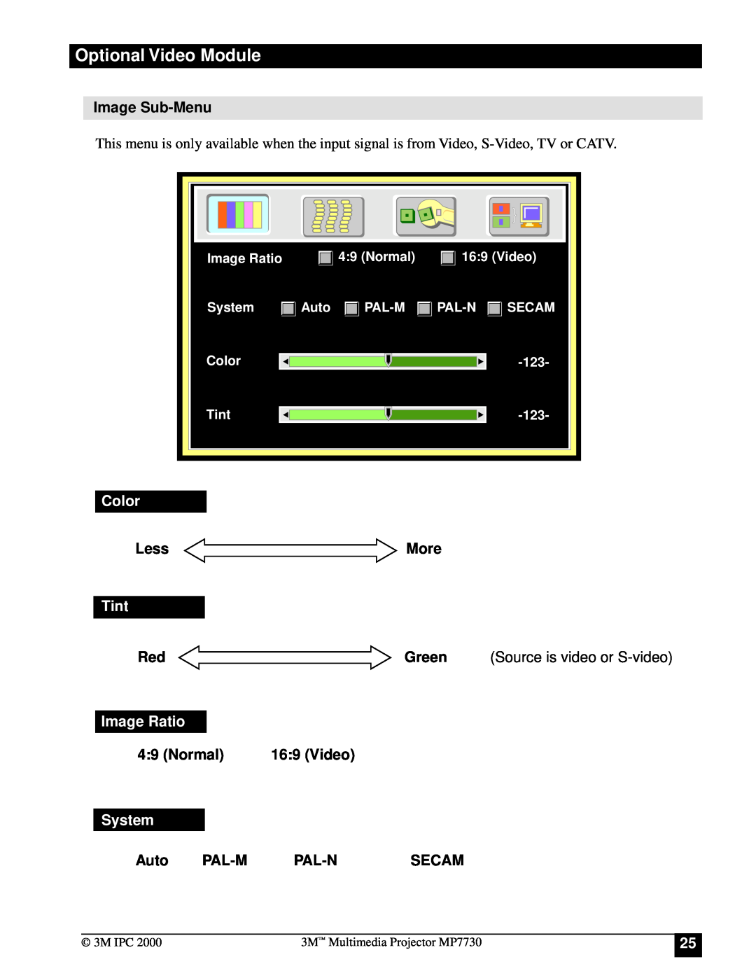 Apple MP7730 Image Sub-Menu, Less More, Green, Source is video or S-video, Normal, Video, Auto, Pal-M, Pal-N, Secam, Color 