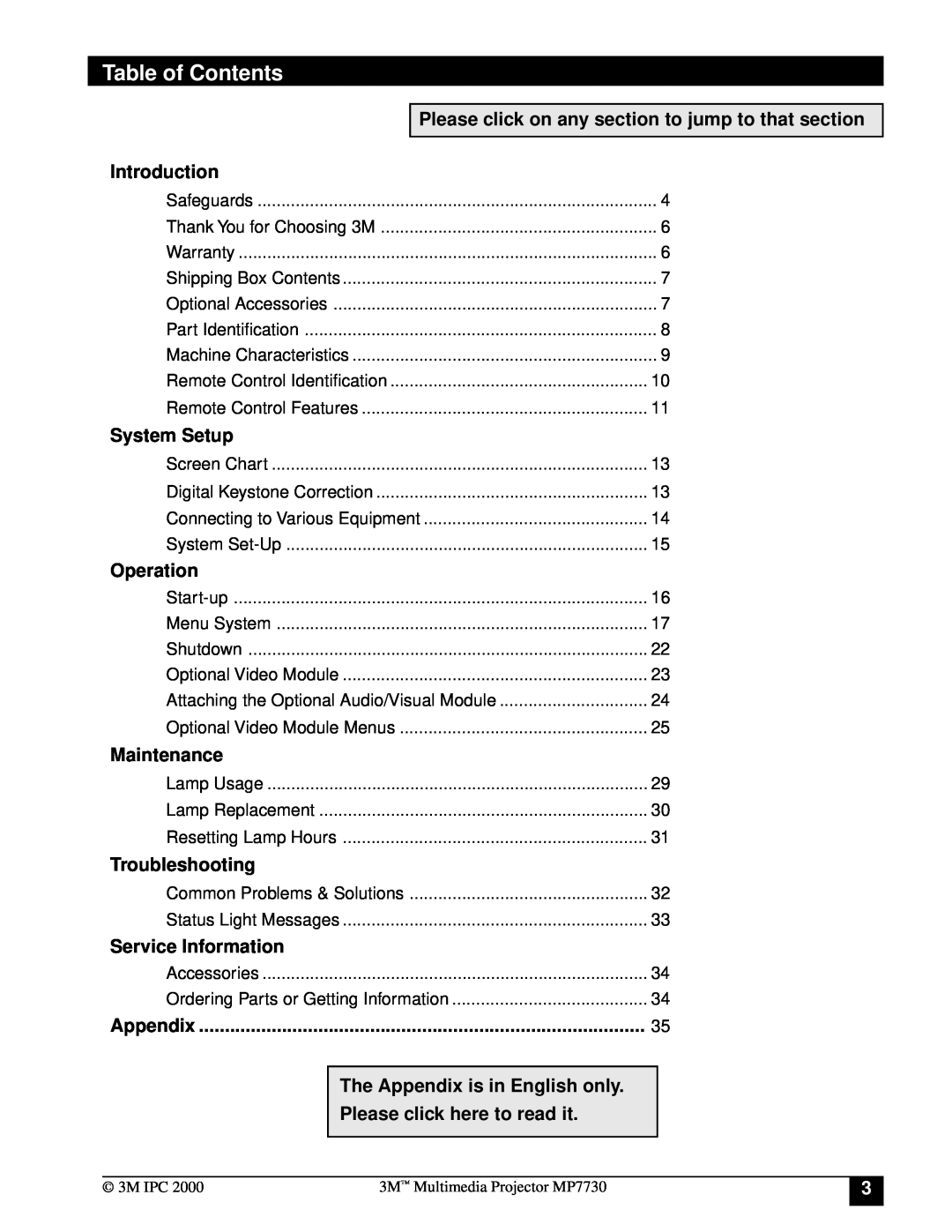 Apple MP7730 Table of Contents, Please click on any section to jump to that section, Introduction, System Setup, Operation 