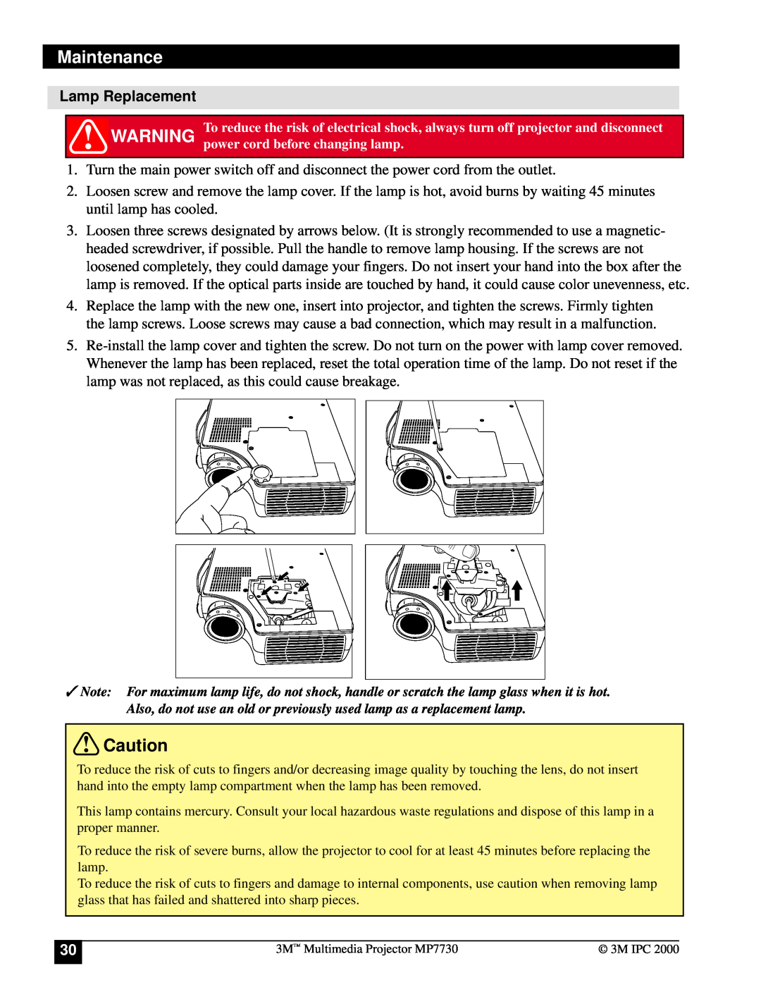 Apple MP7730 manual Lamp Replacement, Maintenance 