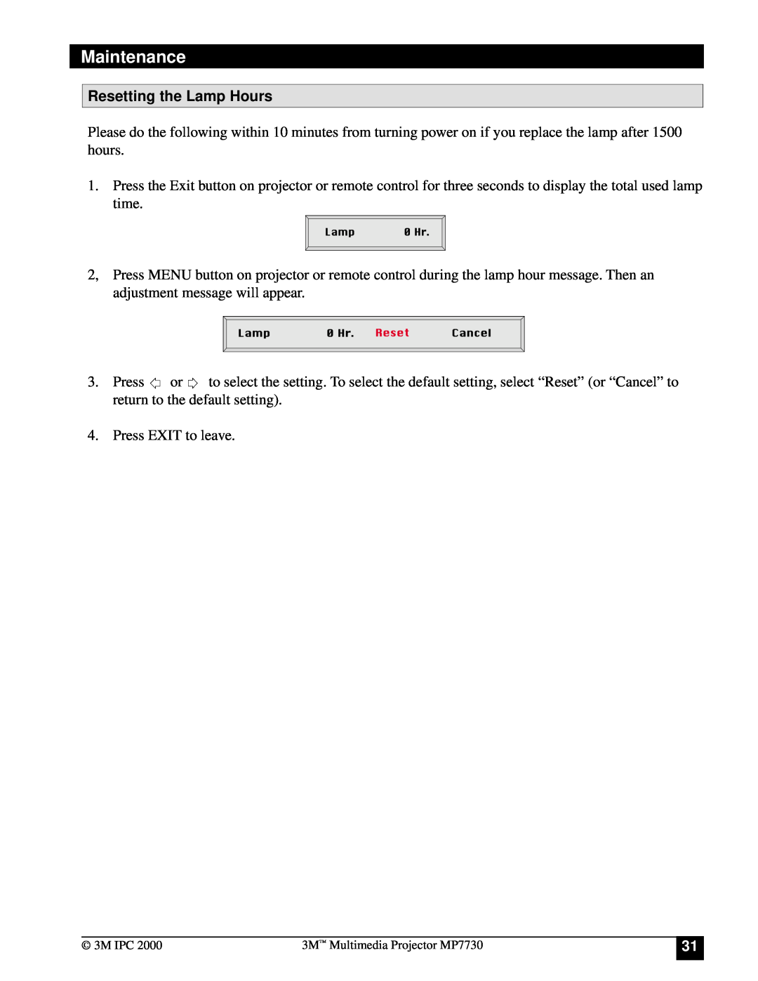 Apple MP7730 manual Resetting the Lamp Hours, Maintenance 