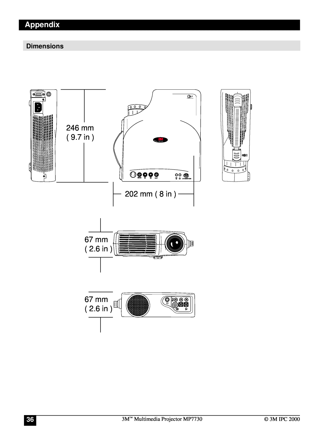 Apple MP7730 Dimensions, Appendix, 246 mm 9.7 in, mm 8 in 67 mm 2.6 in 67 mm 2.6 in, MP7630, Menu, Exit, Standby/On, Lock 