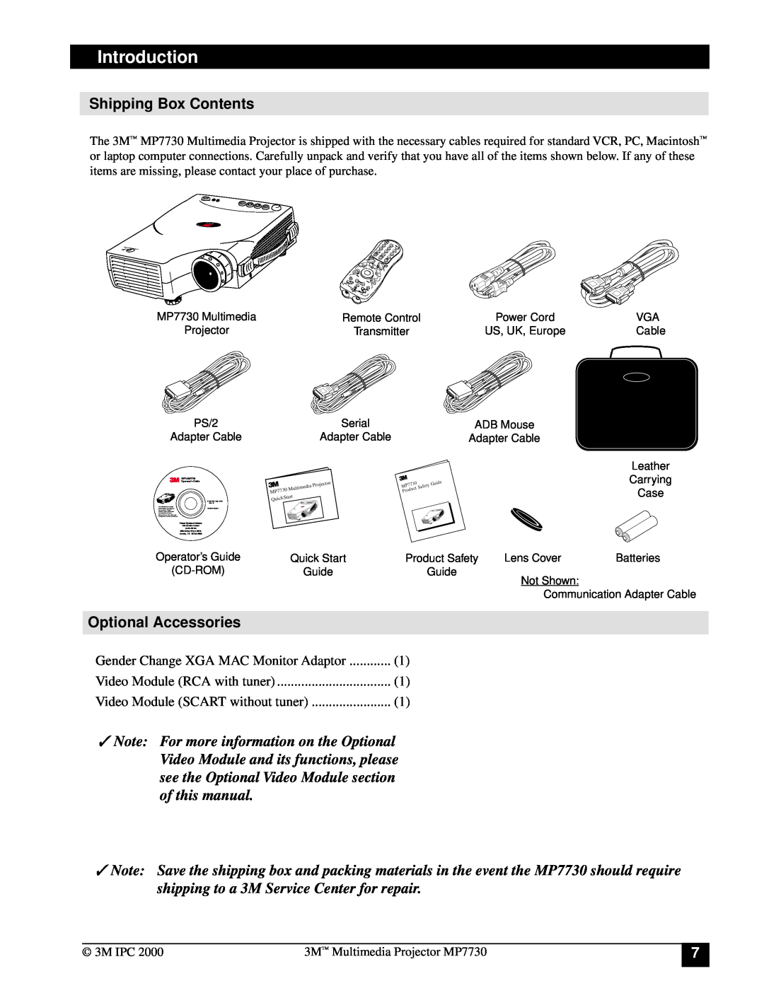 Apple MP7730 manual Shipping Box Contents, Optional Accessories, Introduction, Gender Change XGA MAC Monitor Adaptor 