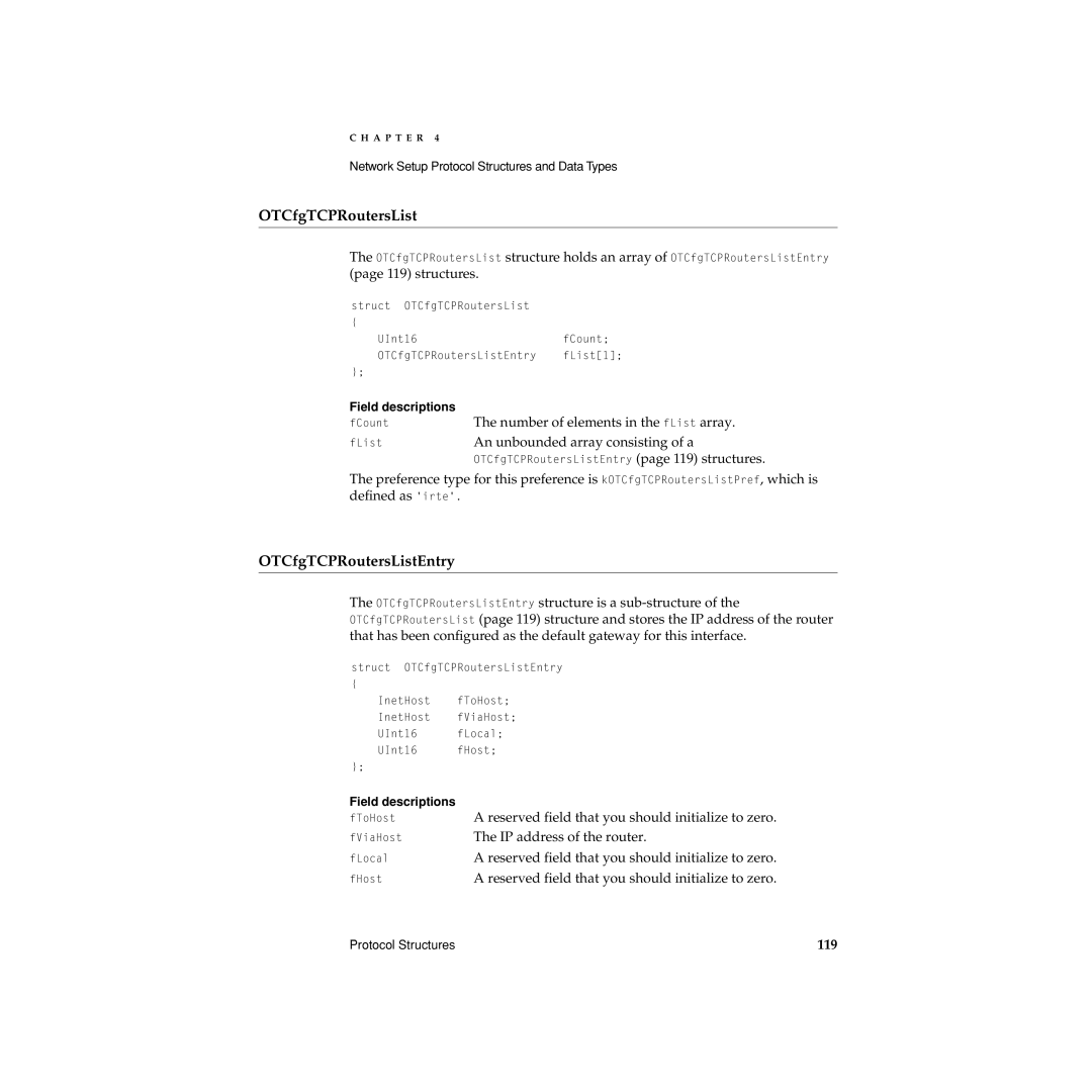 Apple Network Setup manual OTCfgTCPRoutersListEntry page 119 structures 
