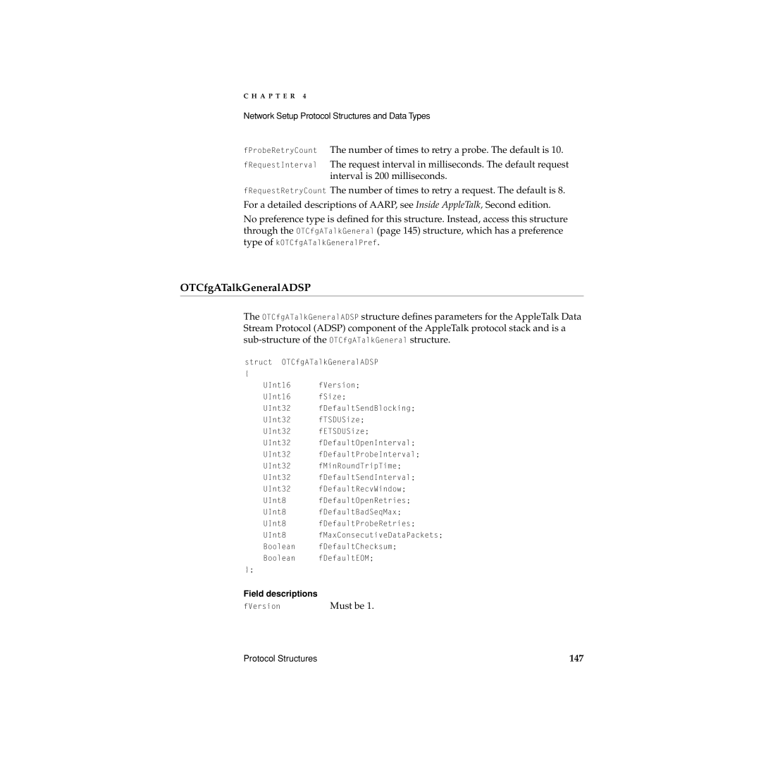Apple Network Setup manual OTCfgATalkGeneralADSP, fMaxConsecutiveDataPackets 