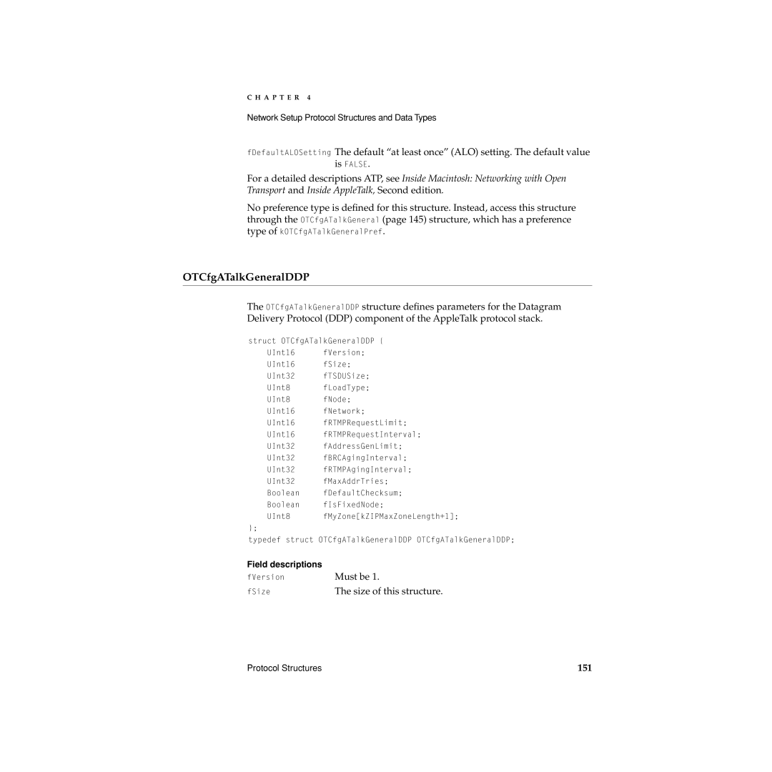 Apple manual OTCfgATalkGeneralDDP, Network Setup Protocol Structures and Data Types, fMyZonekZIPMaxZoneLength+1 