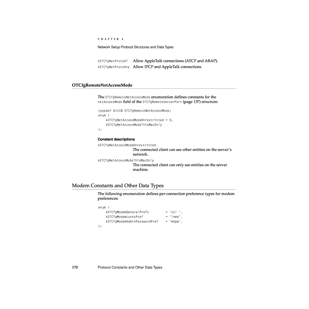 Apple Network Setup manual Modem Constants and Other Data Types, OTCfgRemoteNetAccessMode 