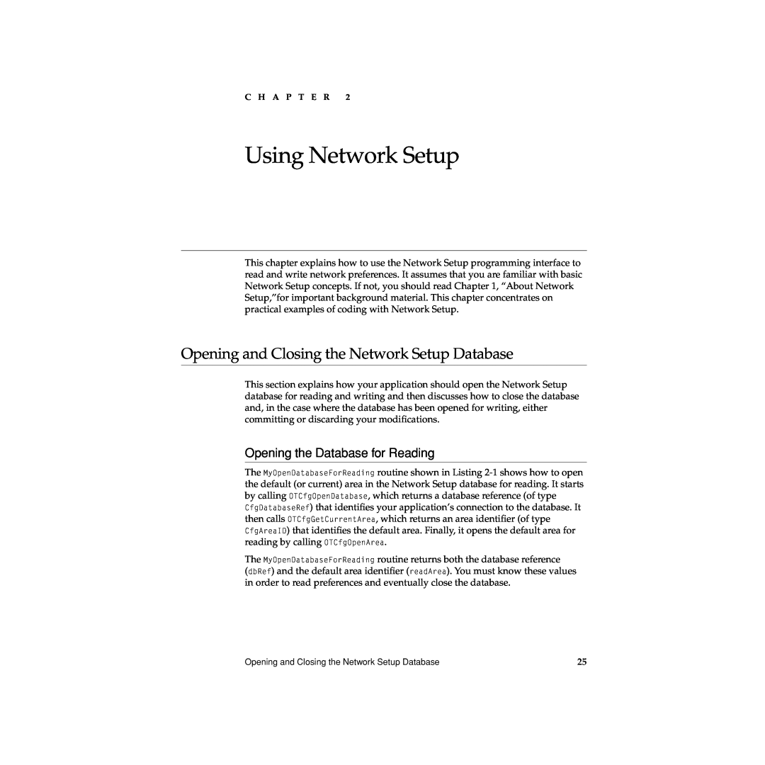 Apple manual Using Network Setup, Opening and Closing the Network Setup Database, Opening the Database for Reading 