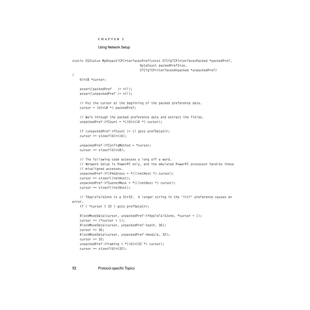 Apple manual Using Network Setup, Protocol-speciﬁc Topics, UInt8 *cursor 