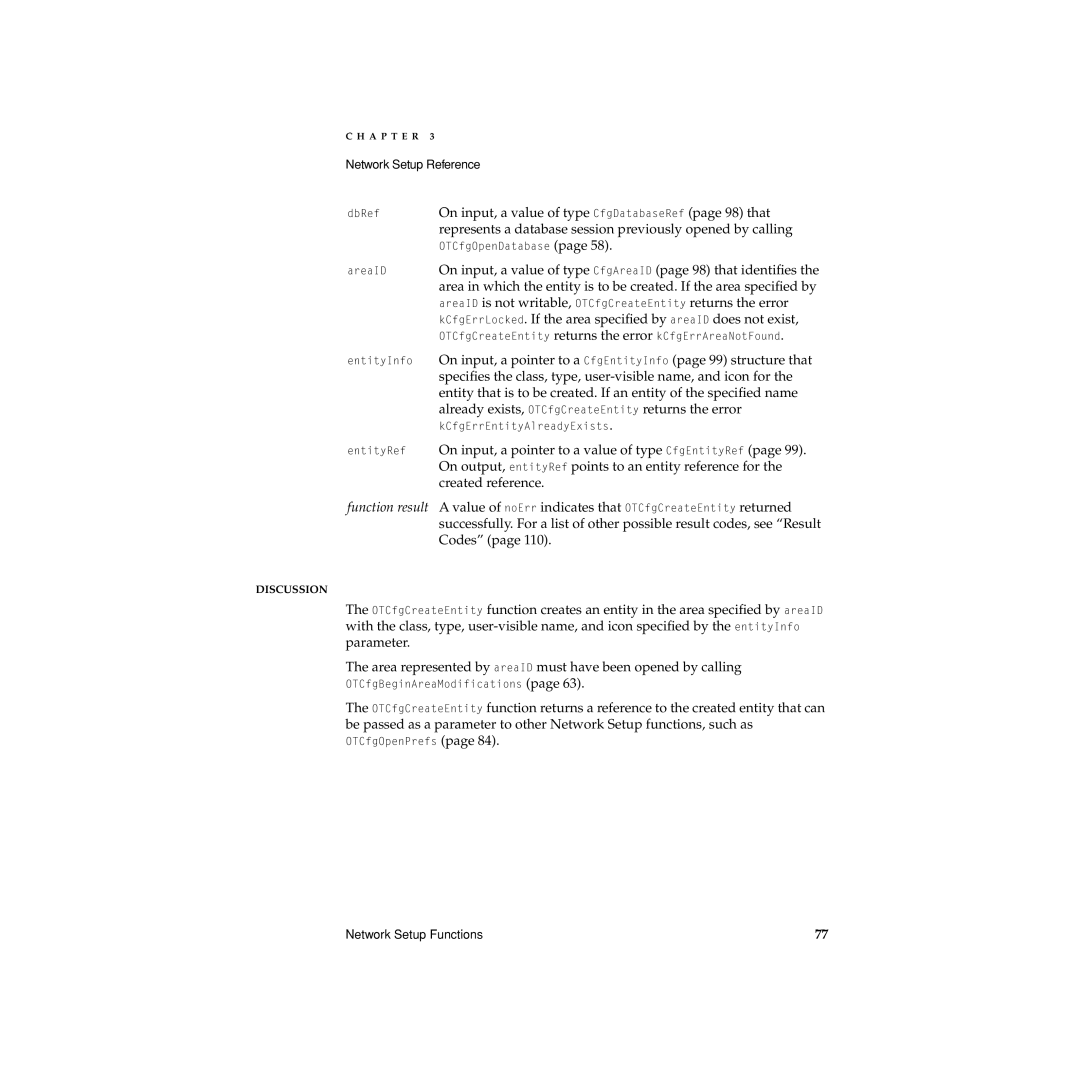Apple Network Setup manual On input, a value of type CfgDatabaseRef page 98 that, function result 
