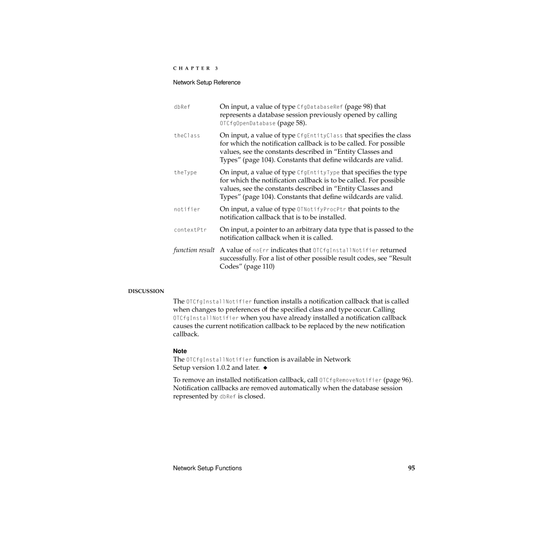 Apple Network Setup manual On input, a value of type CfgDatabaseRef page 98 that, function result 