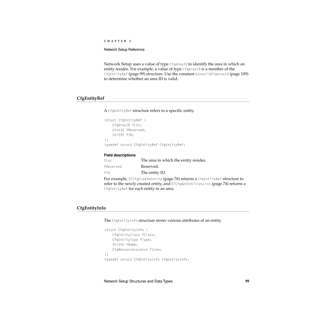Apple Network Setup manual CfgEntityRef, CfgEntityInfo, Field descriptions 