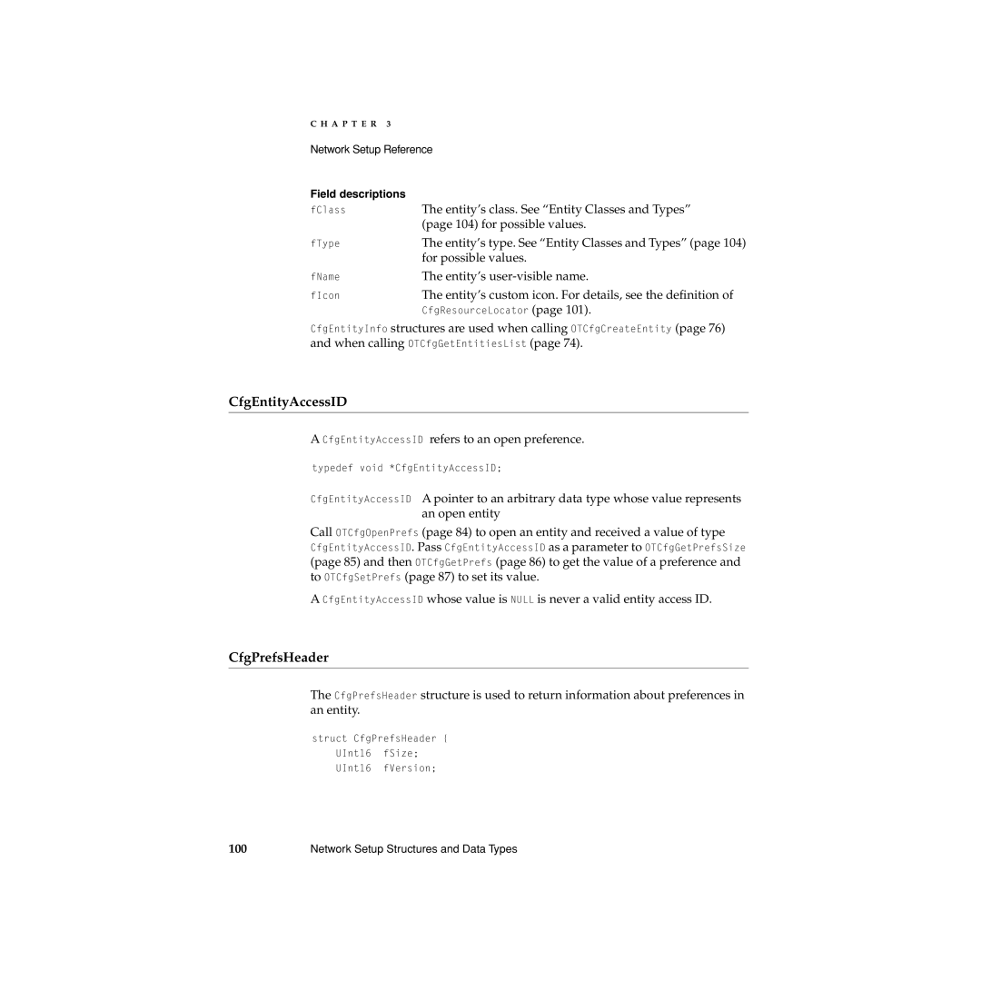 Apple Network Setup manual CfgEntityAccessID, CfgPrefsHeader 