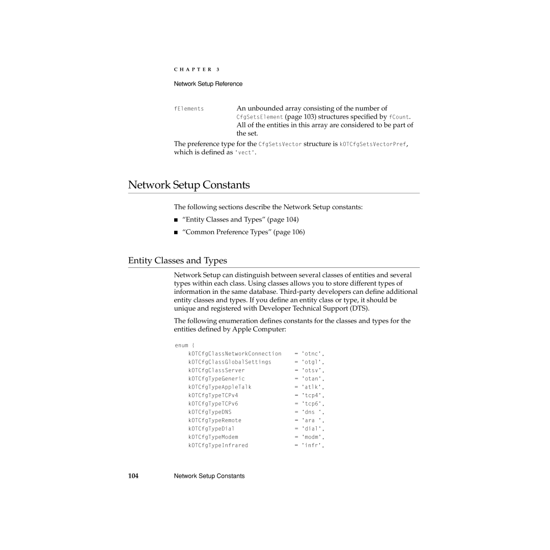 Apple manual Network Setup Constants, Entity Classes and Types 