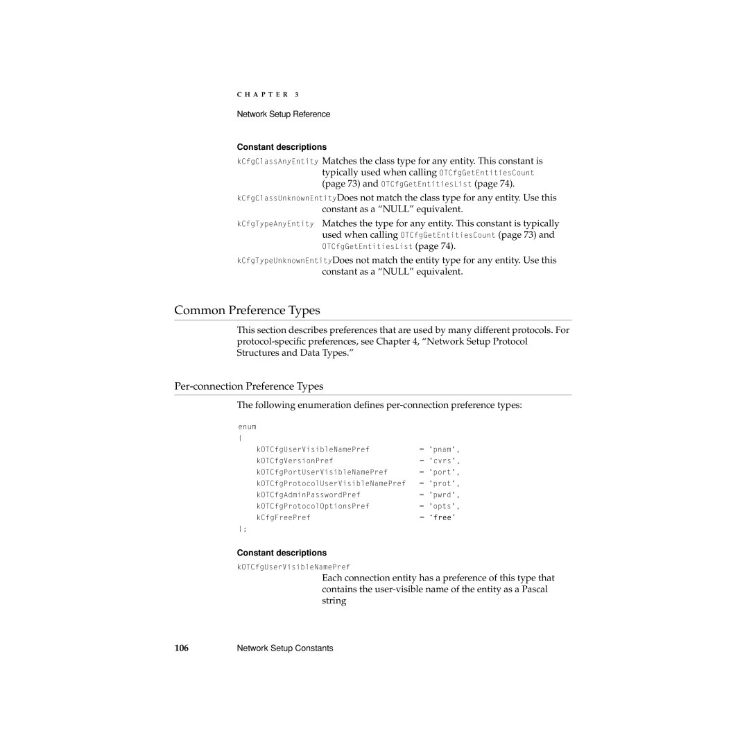 Apple Network Setup manual Common Preference Types, Following enumeration deﬁnes per-connection preference types 