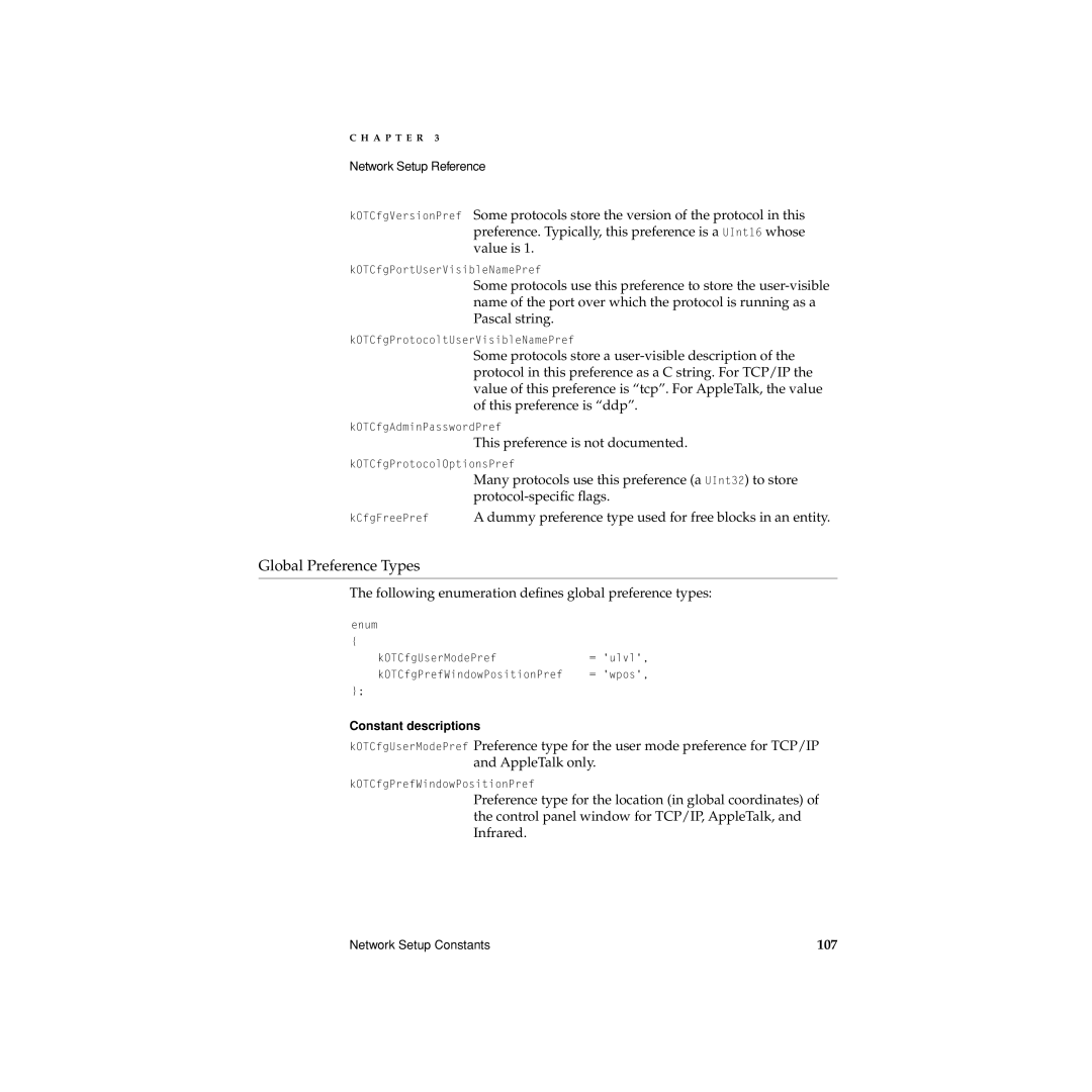 Apple Network Setup manual This preference is not documented, Dummy preference type used for free blocks in an entity, 107 