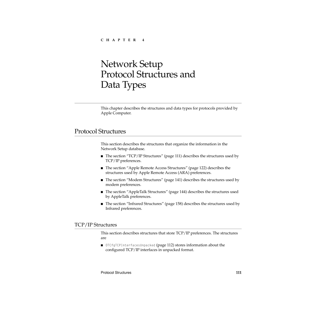 Apple Network Setup manual Protocol Structures, TCP/IP Structures, 111 