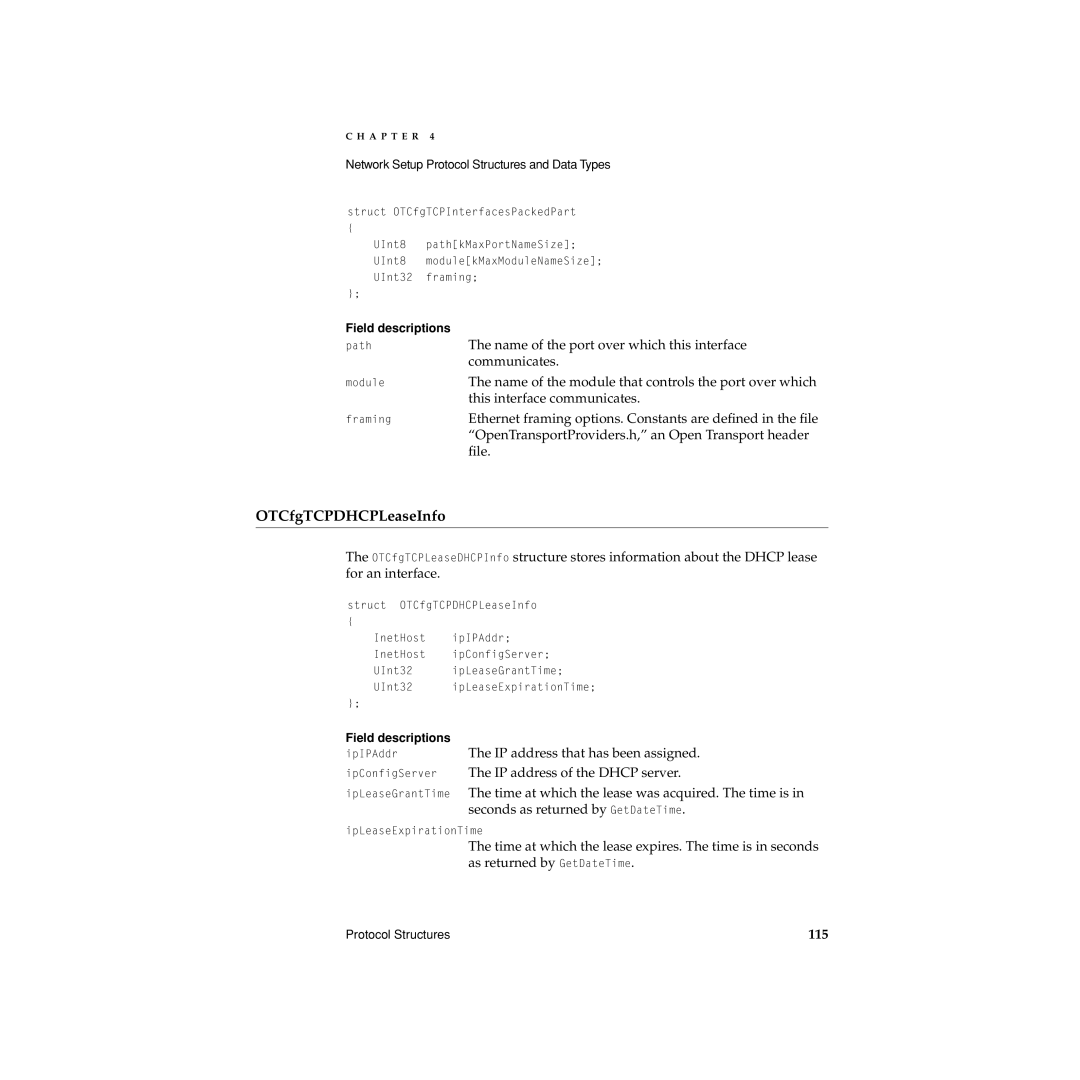 Apple Network Setup manual OTCfgTCPDHCPLeaseInfo, 115 