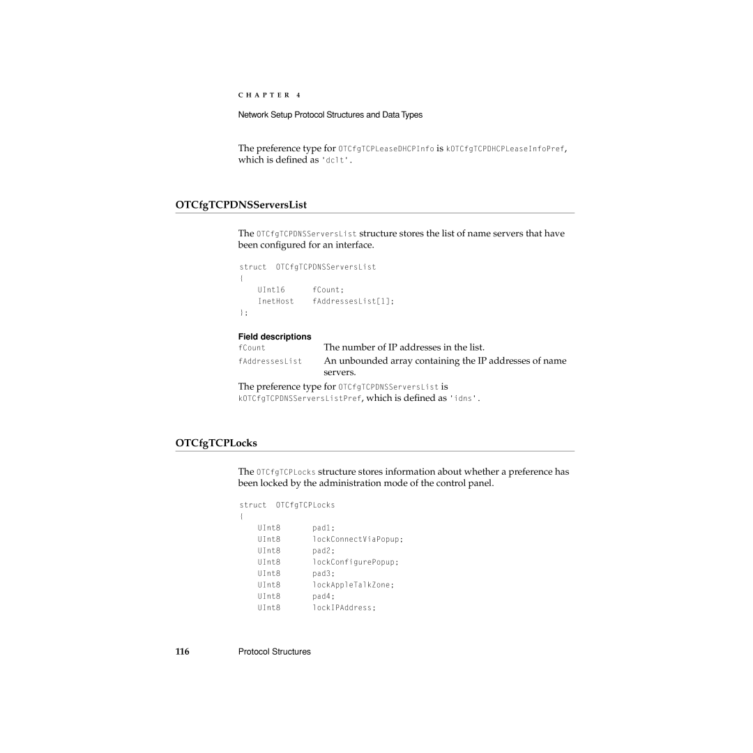 Apple Network Setup manual OTCfgTCPDNSServersList, OTCfgTCPLocks, Number of IP addresses in the list 