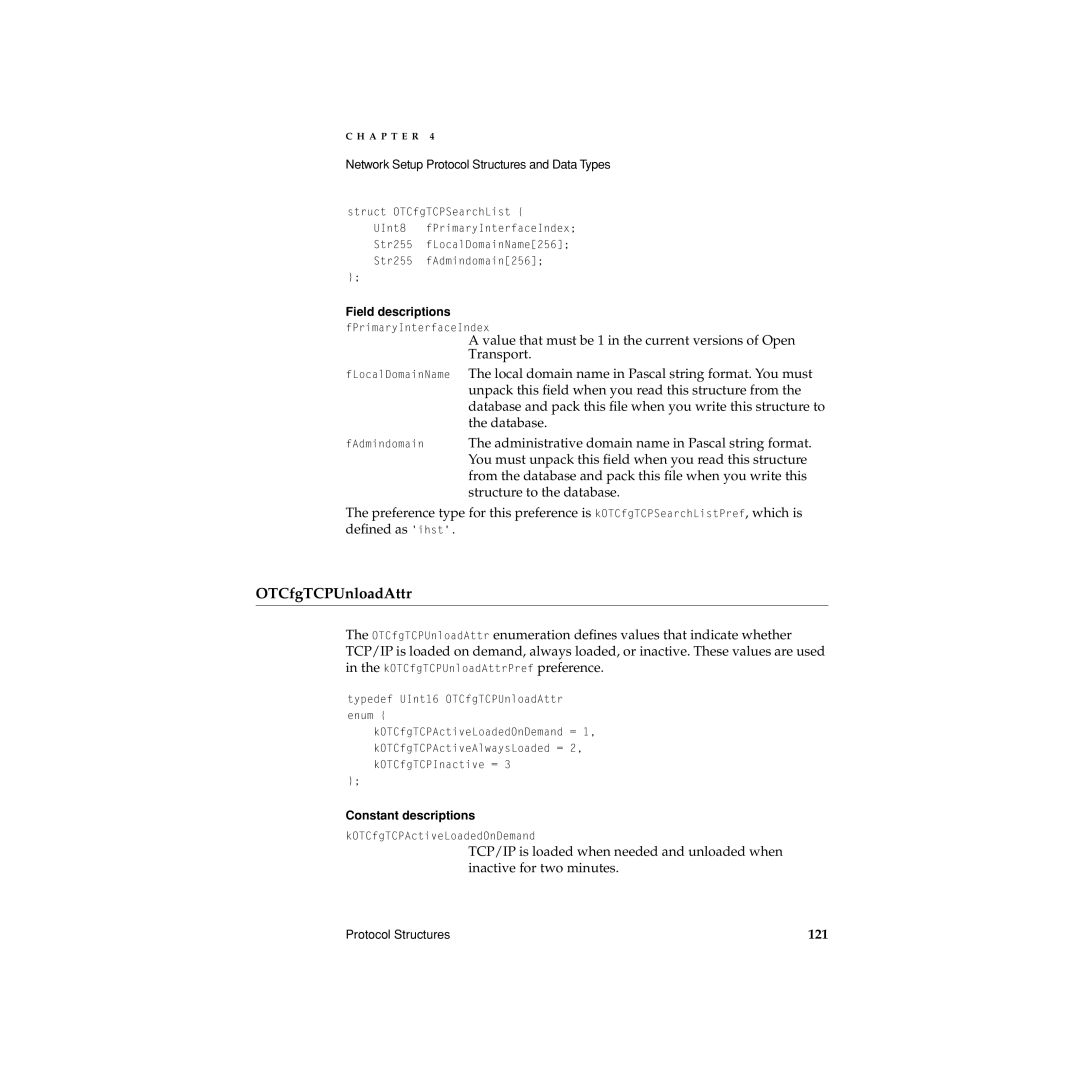 Apple Network Setup manual OTCfgTCPUnloadAttr, 121 