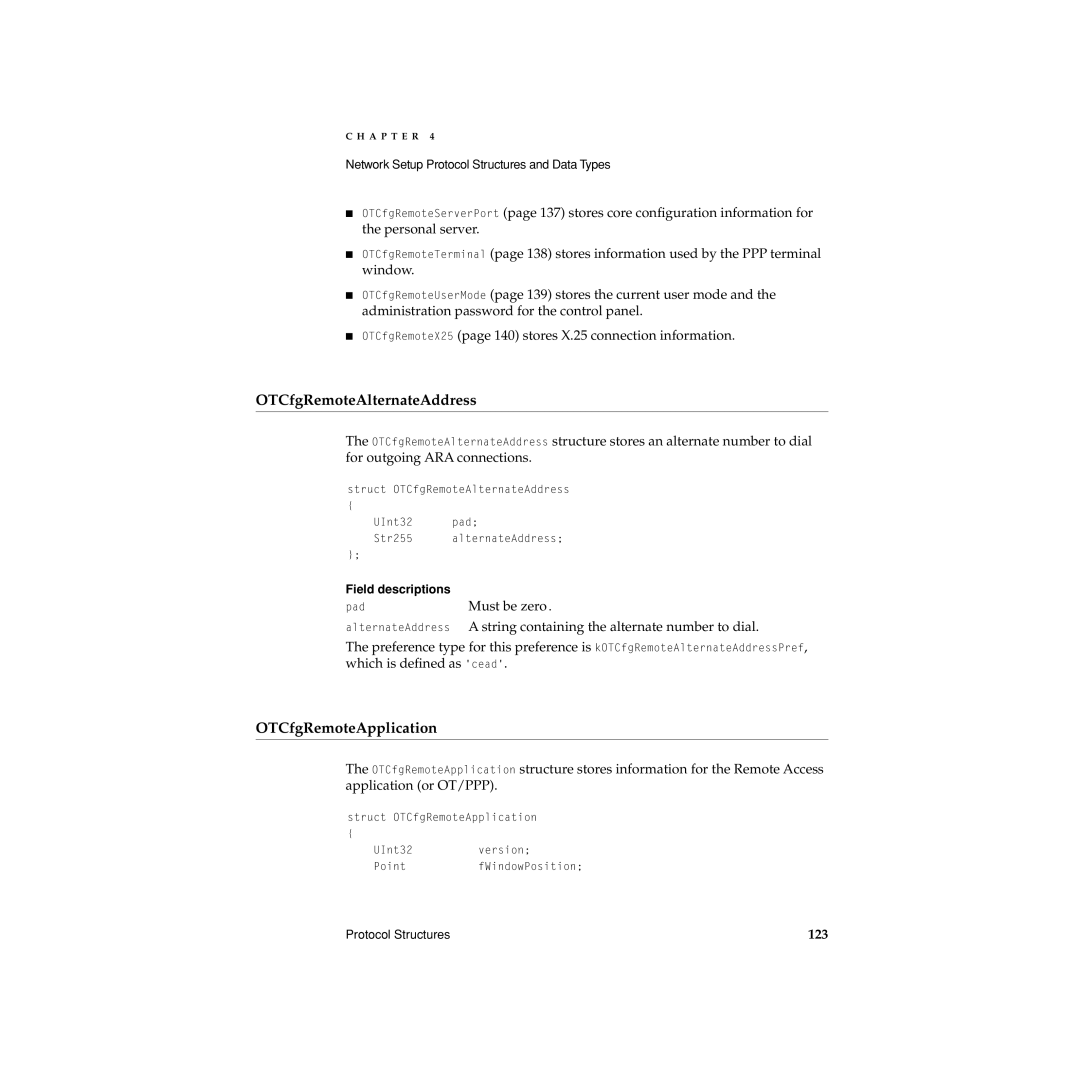 Apple Network Setup manual OTCfgRemoteAlternateAddress, OTCfgRemoteApplication, Must be zero, 123 