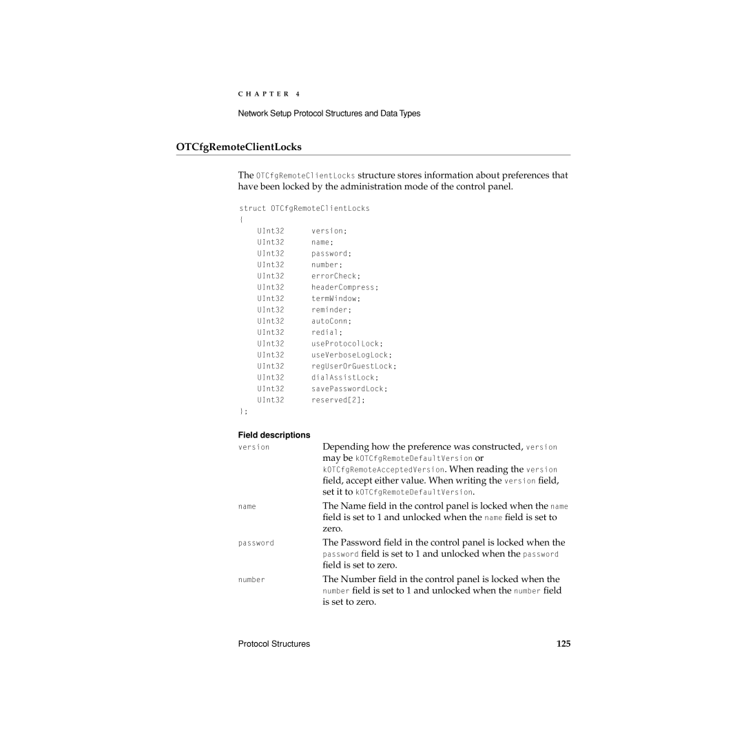 Apple Network Setup manual OTCfgRemoteClientLocks, 125 