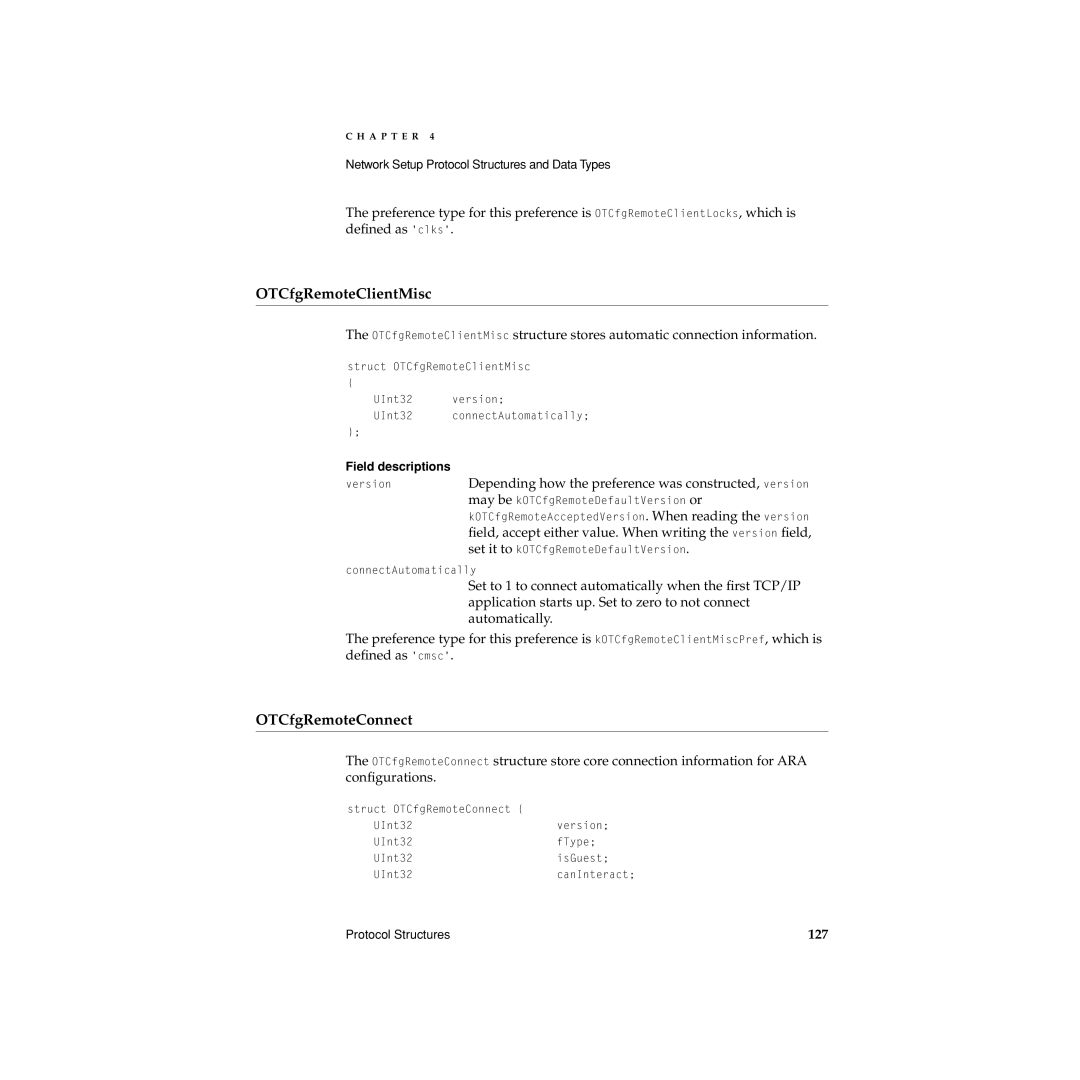 Apple Network Setup manual OTCfgRemoteClientMisc, OTCfgRemoteConnect, 127 