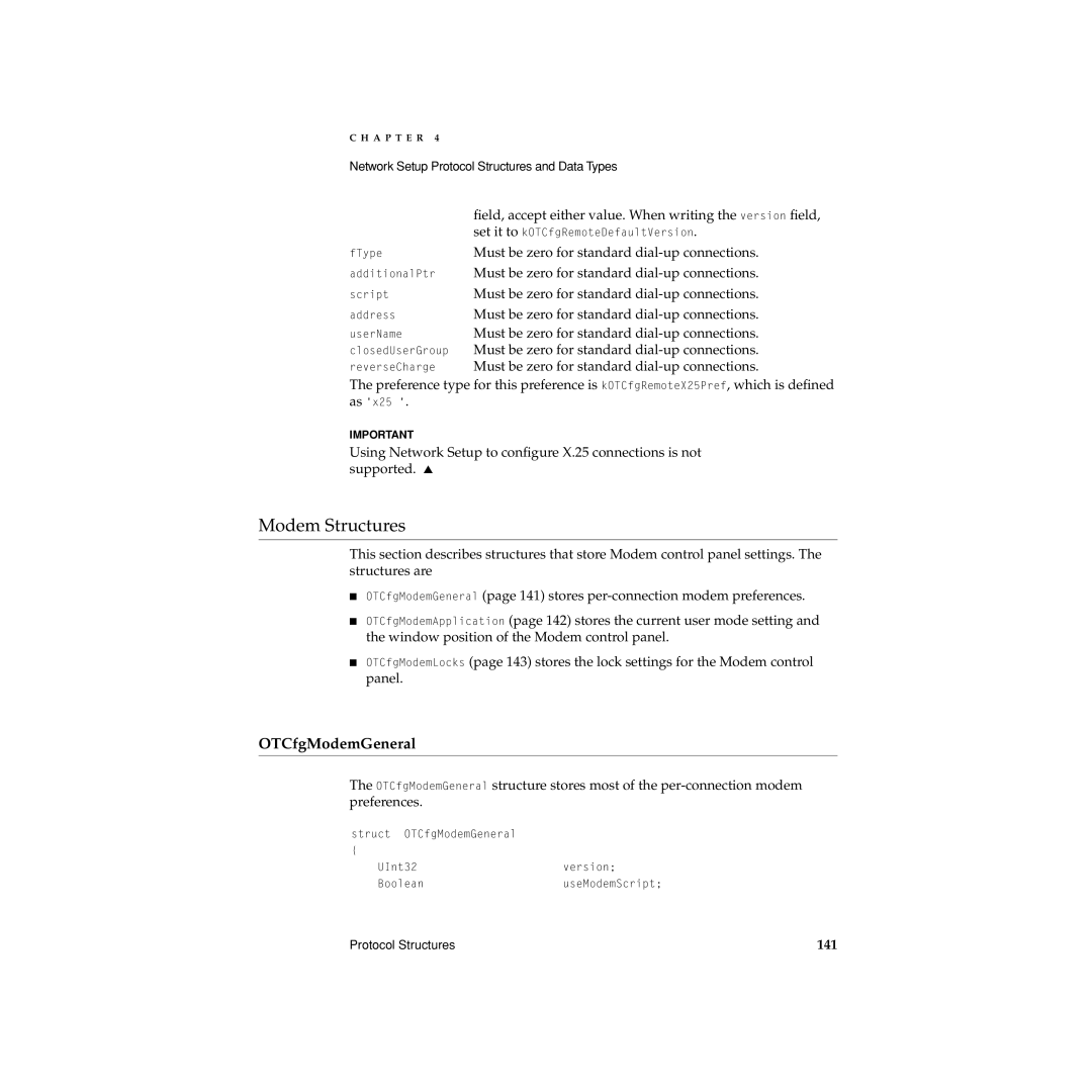 Apple Network Setup manual Modem Structures, OTCfgModemGeneral, Must be zero for standard dial-up connections, 141 