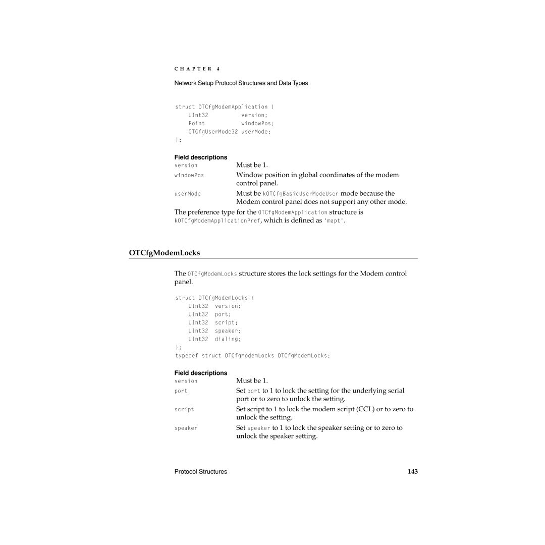 Apple Network Setup manual OTCfgModemLocks, 143 