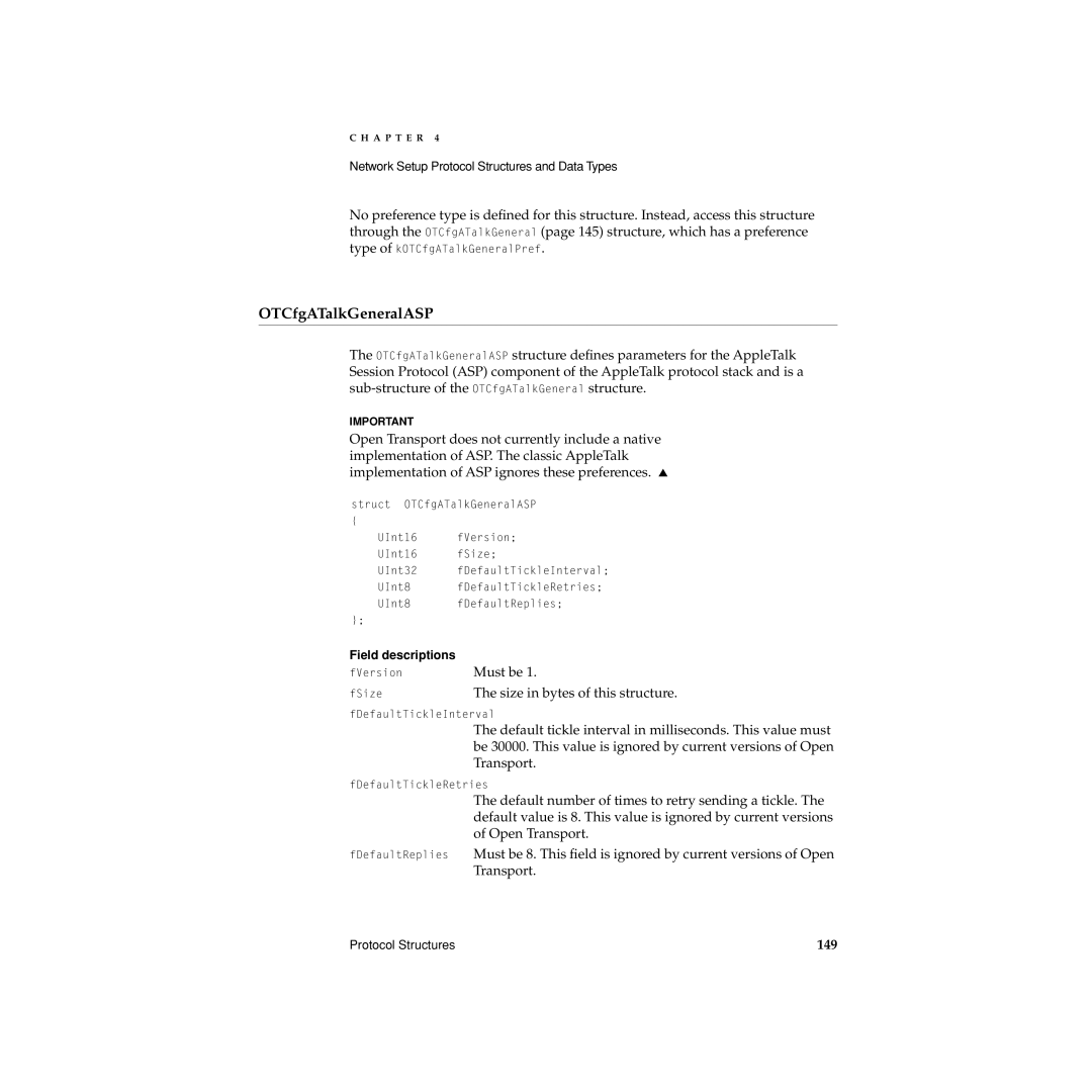 Apple Network Setup manual OTCfgATalkGeneralASP, Size in bytes of this structure, 149 