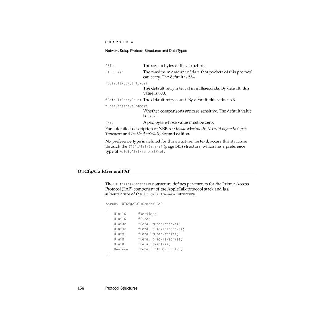 Apple Network Setup manual OTCfgATalkGeneralPAP, Size in bytes of this structure 