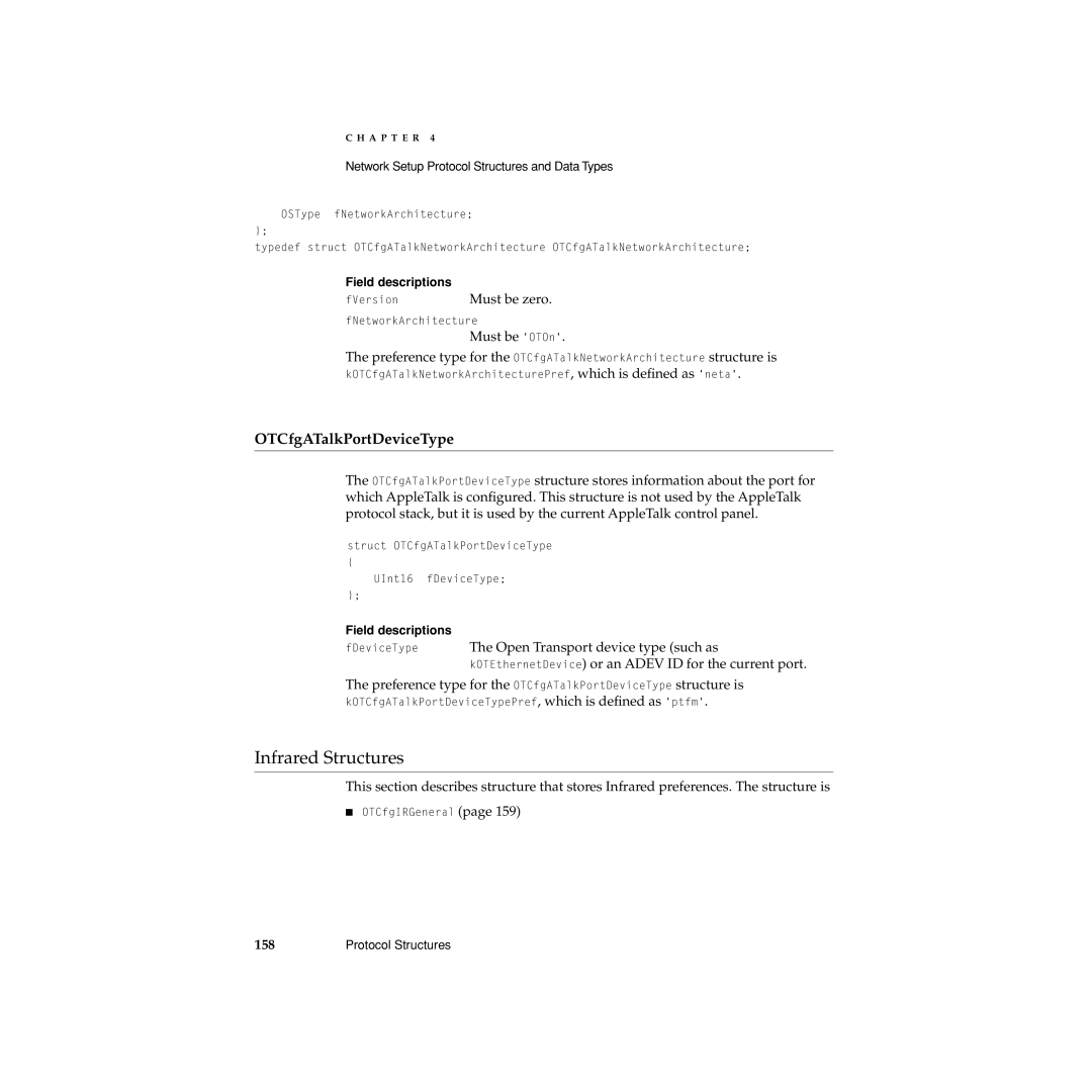 Apple Network Setup manual Infrared Structures, OTCfgATalkPortDeviceType, Must be OTOn, Open Transport device type such as 