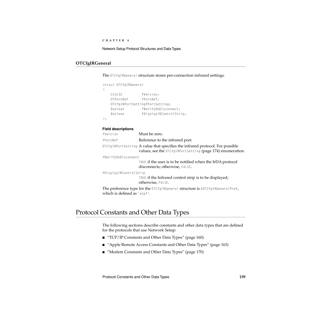 Apple Network Setup manual Protocol Constants and Other Data Types, OTCfgIRGeneral, Reference to the infrared port, 159 