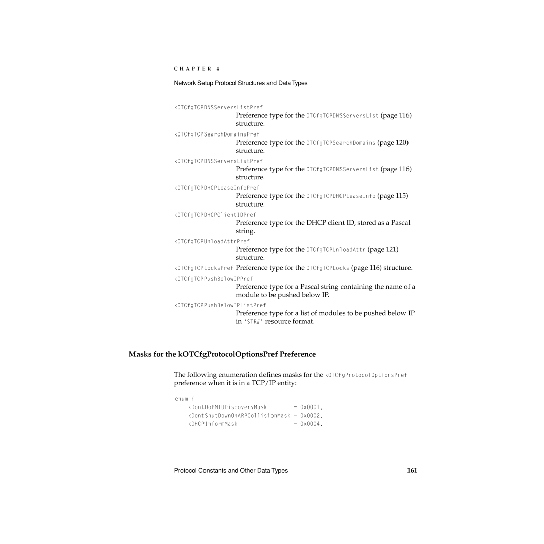 Apple Network Setup manual Masks for the kOTCfgProtocolOptionsPref Preference, 161 