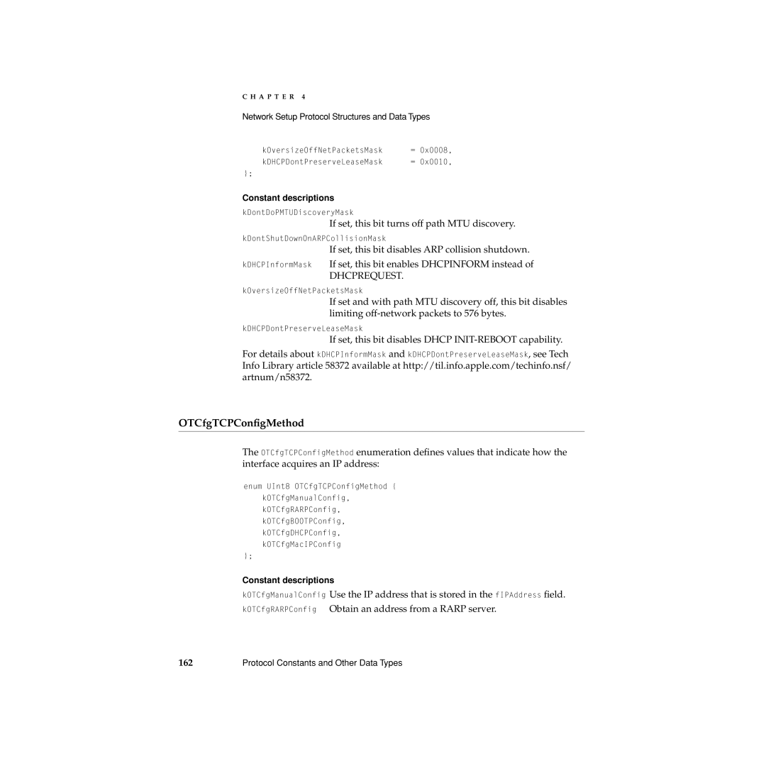 Apple Network Setup manual OTCfgTCPConﬁgMethod, If set, this bit turns off path MTU discovery 