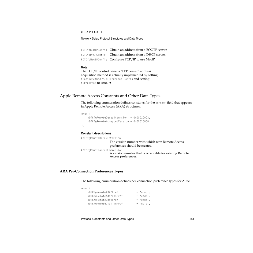 Apple Network Setup manual Apple Remote Access Constants and Other Data Types, ARA Per-Connection Preferences Types, 163 