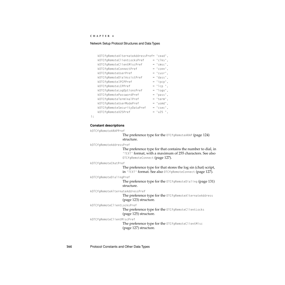 Apple Network Setup manual Preference type for the OTCfgRemoteARAP page 124 structure 