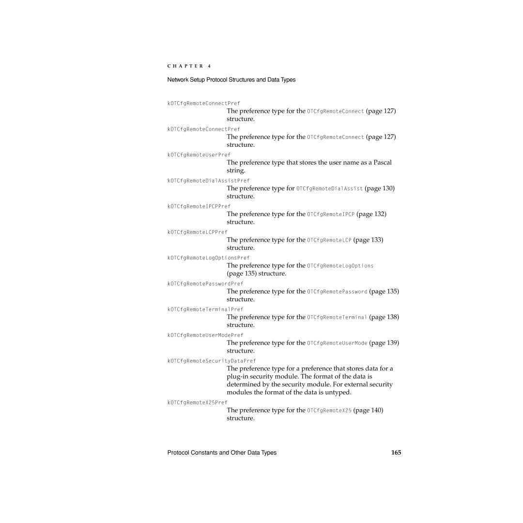 Apple Network Setup manual Preference type for the OTCfgRemoteIPCP page 132 structure, 165 