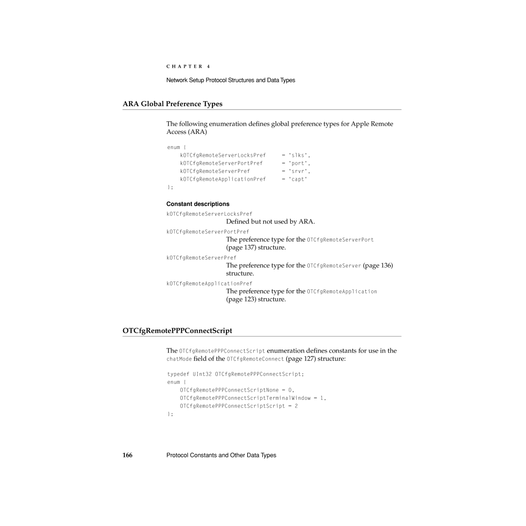 Apple Network Setup manual ARA Global Preference Types, OTCfgRemotePPPConnectScript, Deﬁned but not used by ARA 