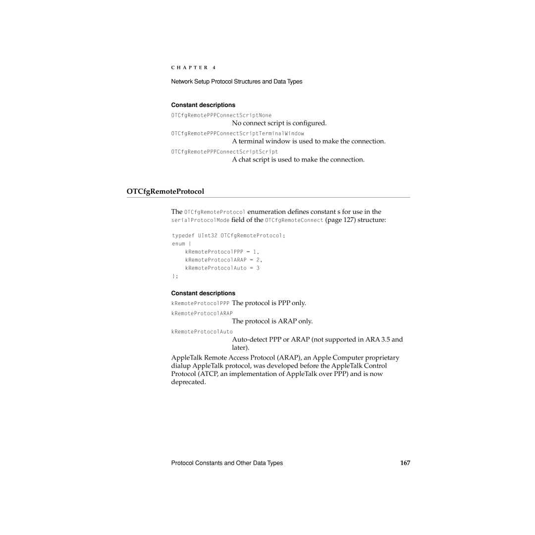 Apple Network Setup manual OTCfgRemoteProtocol, 167 