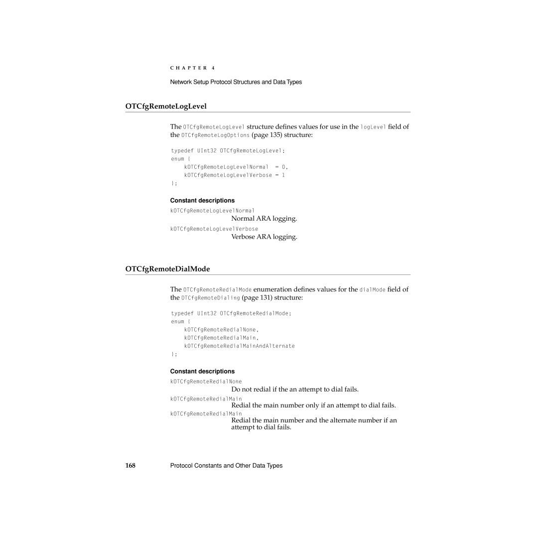 Apple Network Setup manual OTCfgRemoteLogLevel, OTCfgRemoteDialMode 