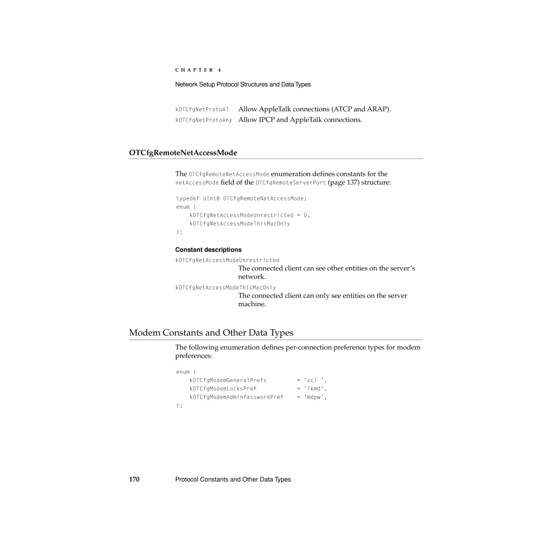 Apple Network Setup manual Modem Constants and Other Data Types, OTCfgRemoteNetAccessMode 