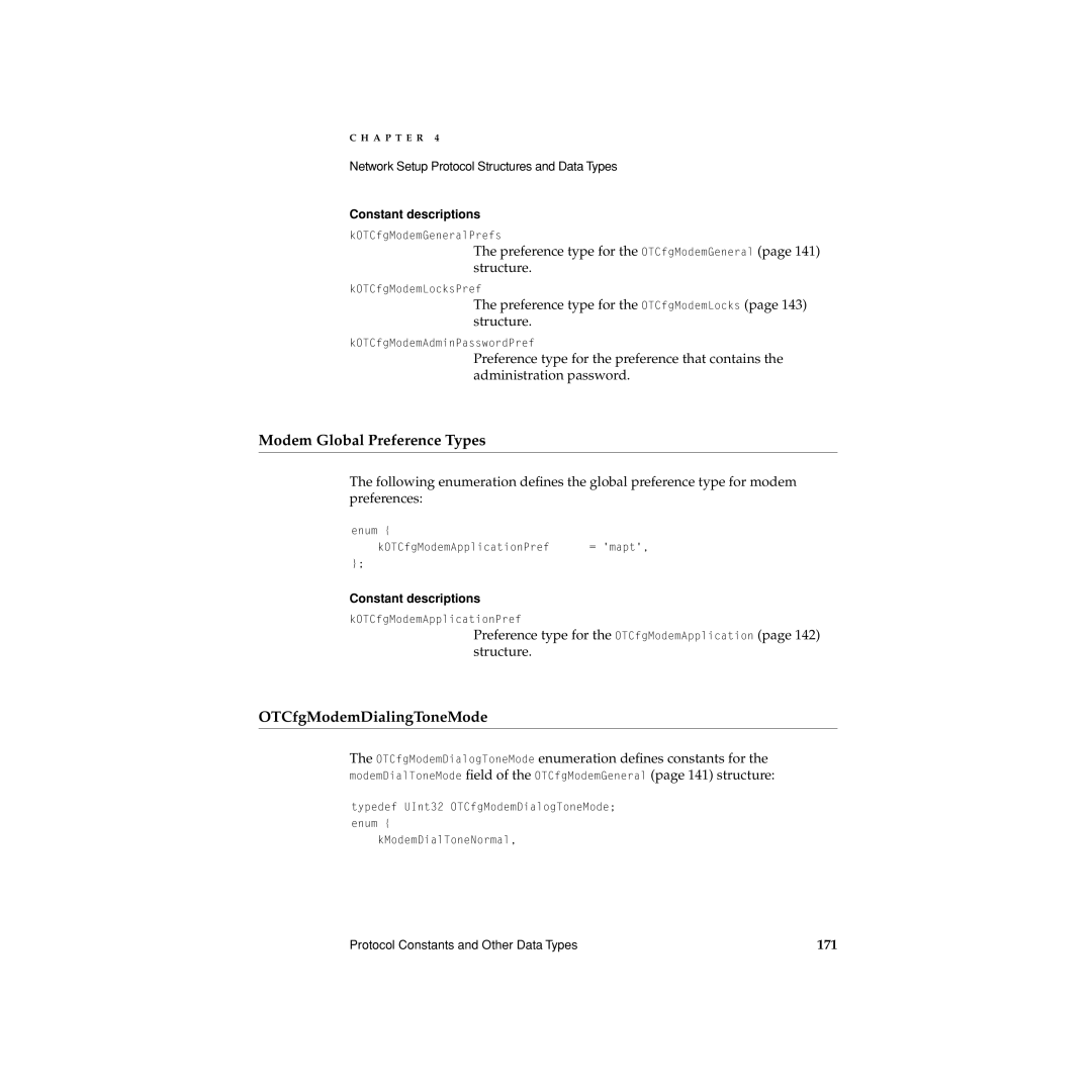 Apple Network Setup manual Modem Global Preference Types, OTCfgModemDialingToneMode, 171 