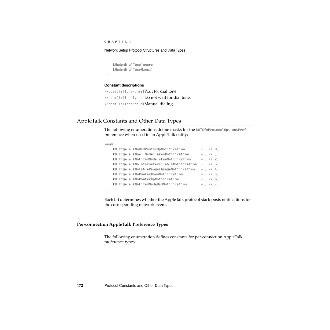 Apple Network Setup manual AppleTalk Constants and Other Data Types, Per-connection AppleTalk Preference Types 