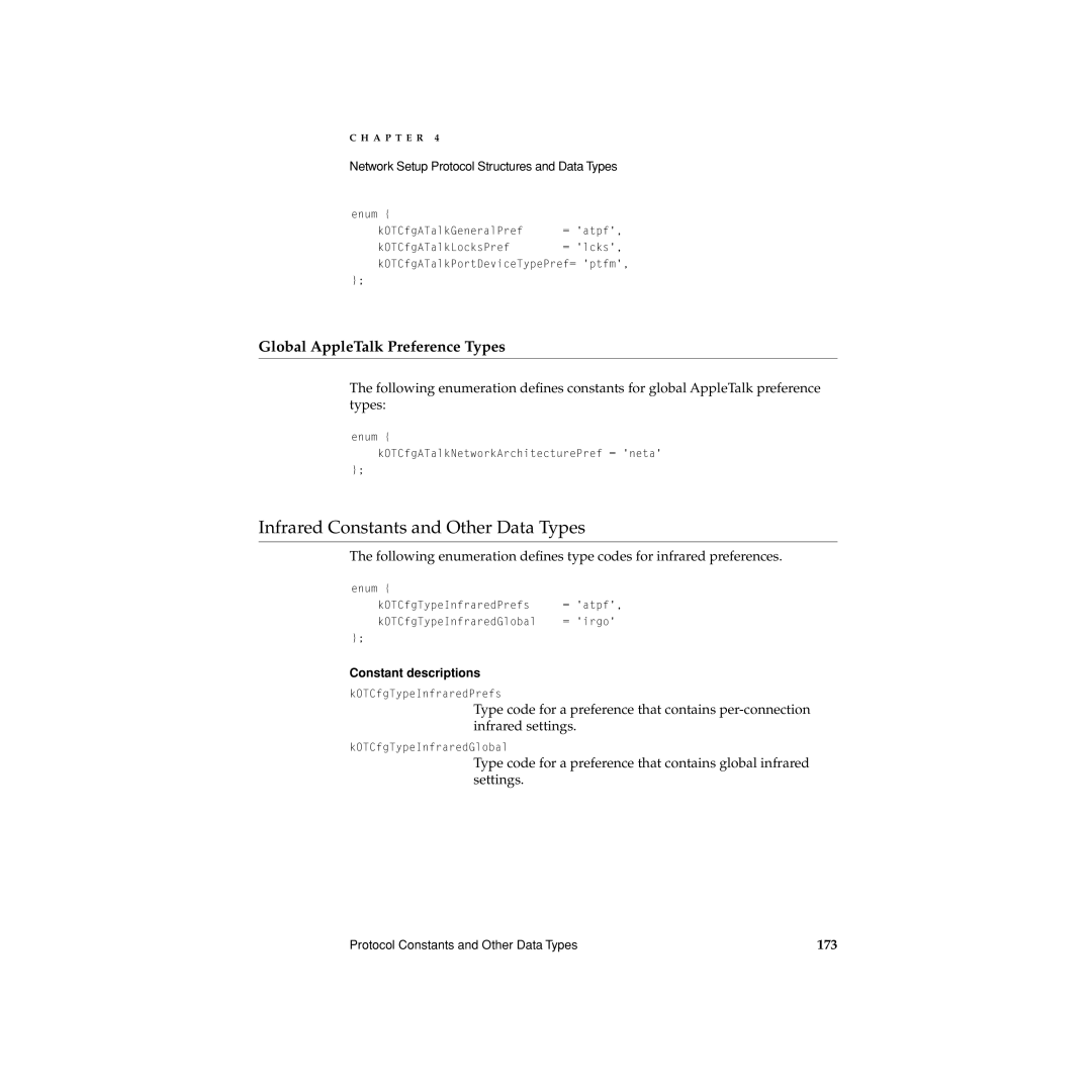 Apple Network Setup manual Infrared Constants and Other Data Types, Global AppleTalk Preference Types, 173 