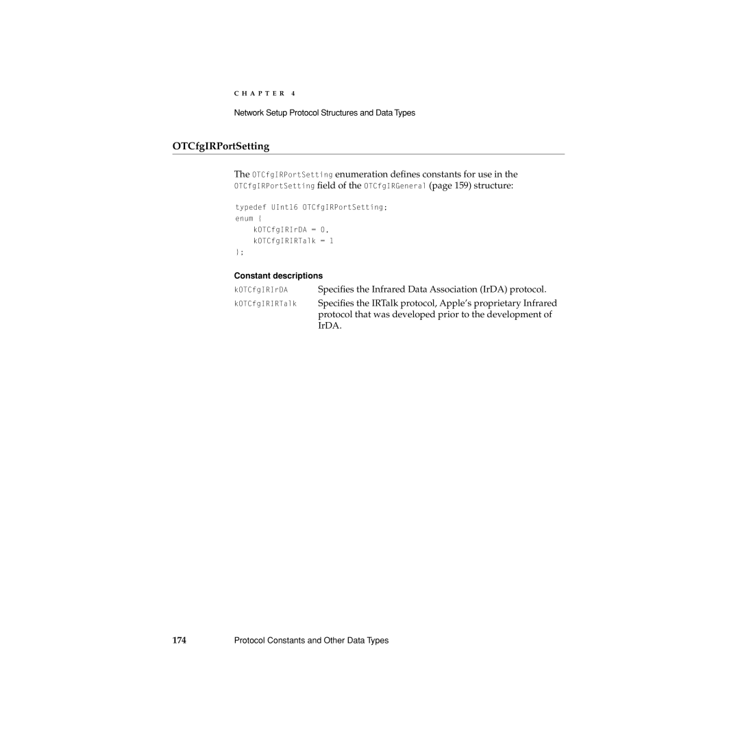 Apple Network Setup manual OTCfgIRPortSetting enumeration deﬁnes constants for use 