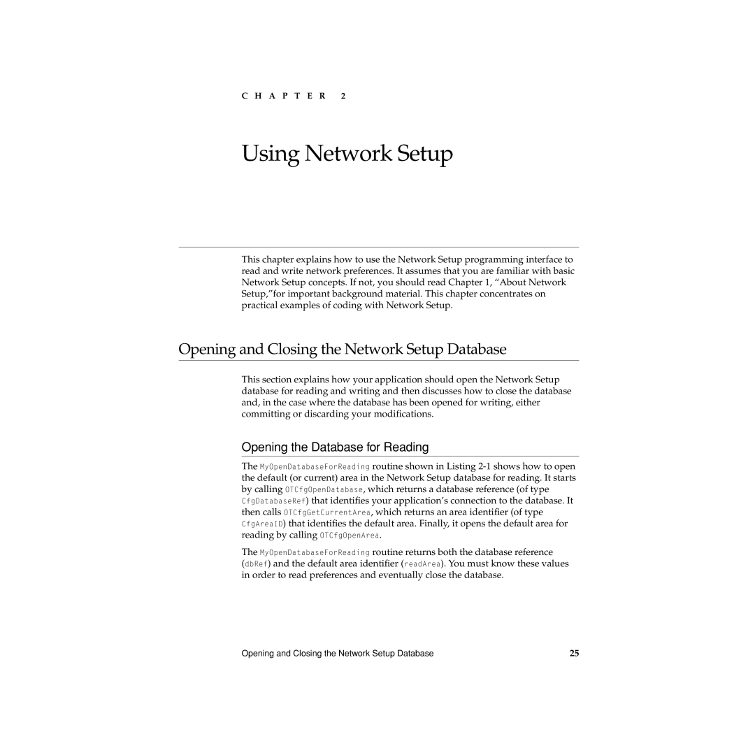 Apple manual Opening and Closing the Network Setup Database, Opening the Database for Reading 