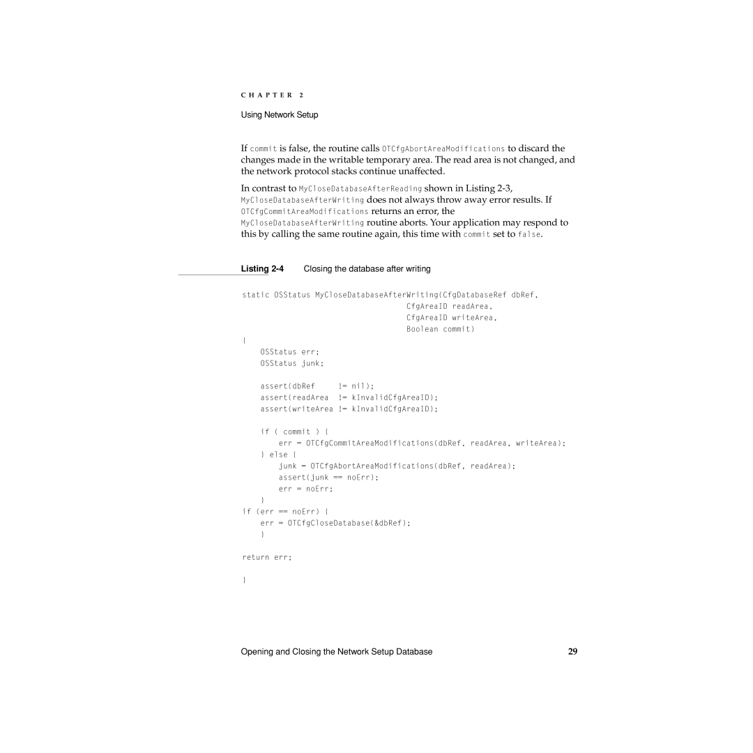 Apple Network Setup manual Listing 2-4Closing the database after writing 