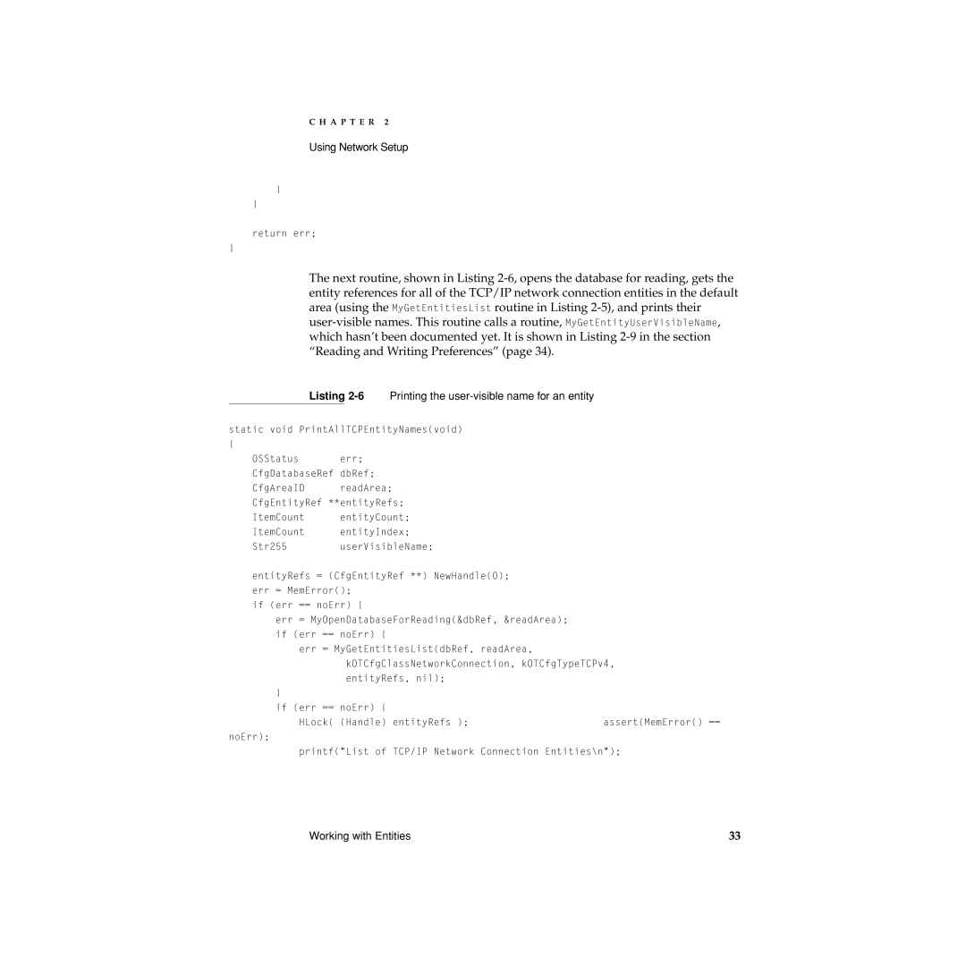 Apple Network Setup manual Listing 2-6Printing the user-visible name for an entity 