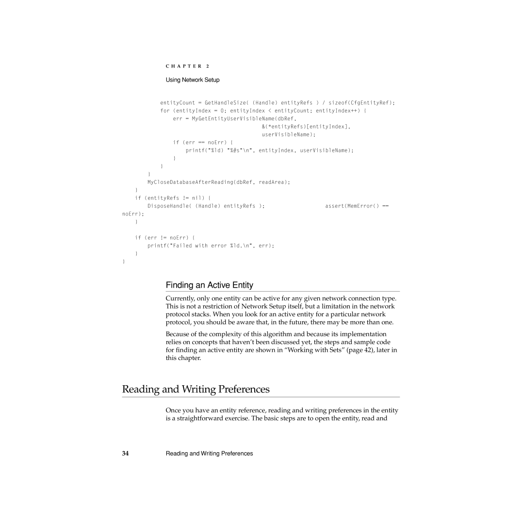 Apple Network Setup manual Reading and Writing Preferences, Finding an Active Entity 